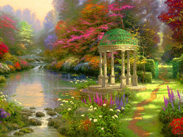 Garden gazebo flowers stream painting free wallpaper - medium preview image