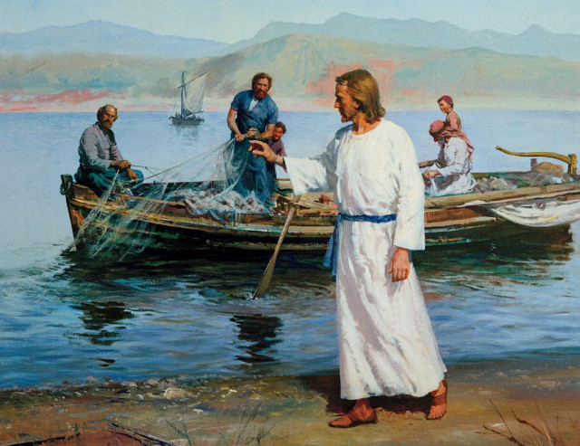 Jesus walking beach boat people free wallpaper - medium preview image