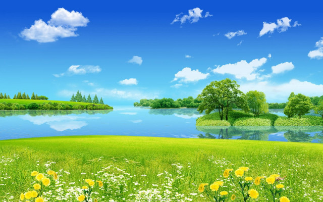 Green field lake shore blue free wallpaper - medium preview image