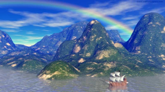 Boat ocean rainbow mountains background free wallpaper - medium preview image