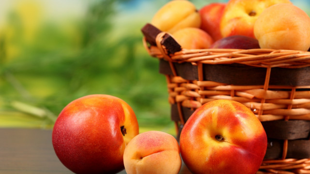 Basket peaches table blurry background free wallpaper - medium preview image