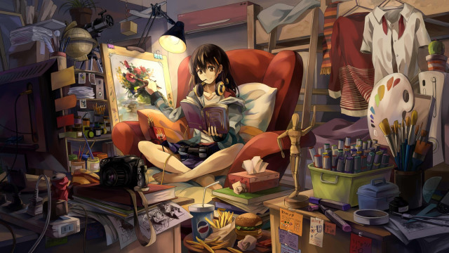 Woman chair messy room book free wallpaper - medium preview image