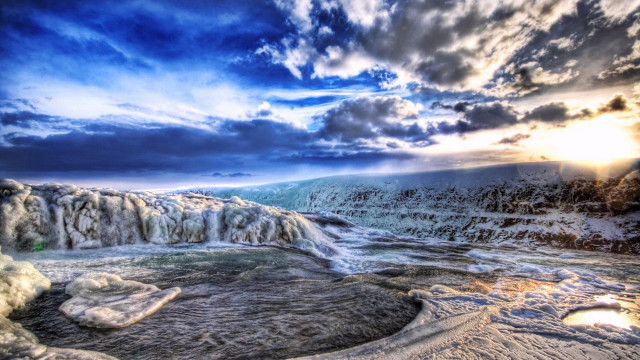 Frozen waterfall sun clouds blue free wallpaper - medium preview image