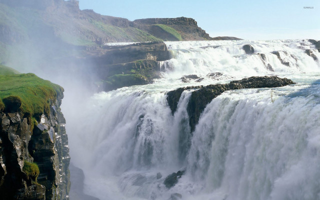Waterfall greenfield bluesky cloudy day free wallpaper - medium preview image