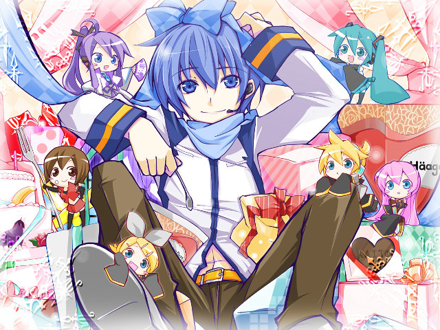 Anime characters group sitting bed free wallpaper - medium preview image