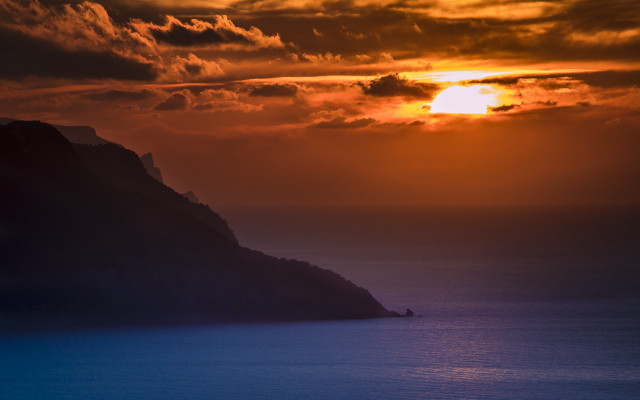 Sunset over water mountain boat free wallpaper - medium preview image