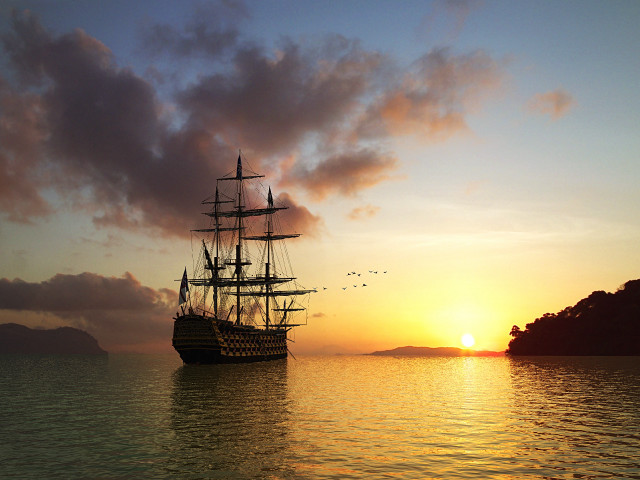 Large ship sailing sunset bird free wallpaper - medium preview image