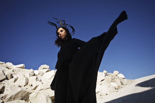 Woman black dress strange headpiece free wallpaper - medium preview image