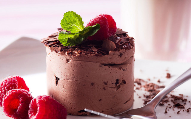 Chocolate cake raspberries glass milk free wallpaper - medium preview image