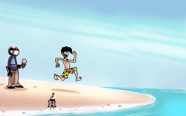 Cartoon man robot beach diving free wallpaper - medium preview image