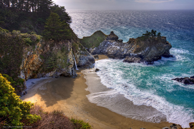 Beach waterfall trees ocean blue free wallpaper - medium preview image