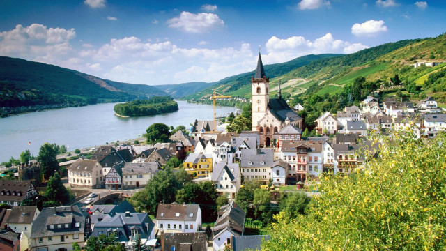 Town river church steeple scenery free wallpaper - medium preview image