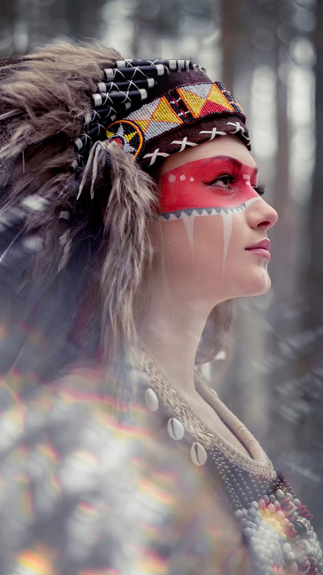 Woman red facepaint feather headdress free wallpaper - medium preview image
