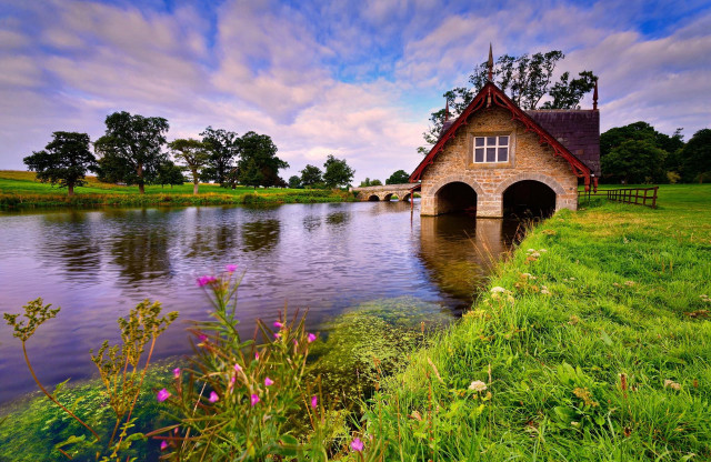 House lake green field scenery free wallpaper - medium preview image