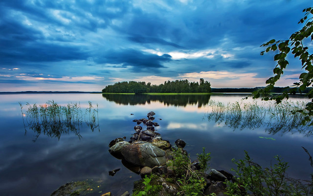 Rock formation lake sunset cloudy free wallpaper - medium preview image