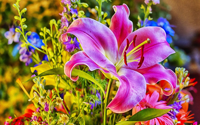 Bouquet flowers vase table blurry free wallpaper - medium preview image