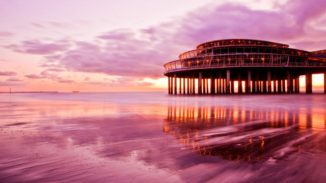 Pier building sunset dawn reflection free wallpaper - medium preview image
