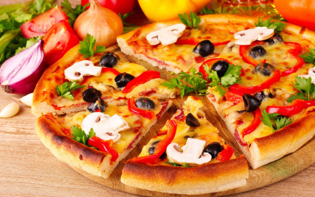 Pizza toppings wooden board vegetables free wallpaper - medium preview image