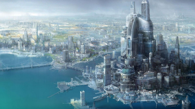 Futuristic city bridge river background free wallpaper - medium preview image