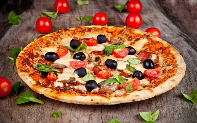 Pizza olives tomatoes wooden table free wallpaper - medium preview image