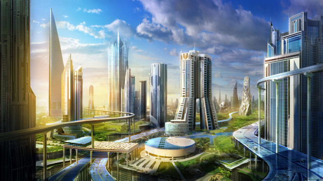 Futuristic city bridge building skyline free wallpaper - medium preview image