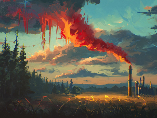 Factory red smokestack chimneys trees free wallpaper - medium preview image