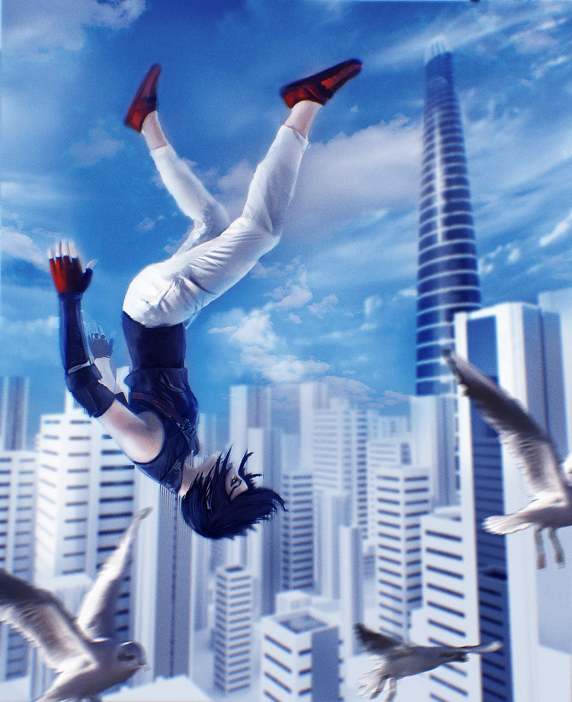 Woman flying birds buildings sky free wallpaper - medium preview image