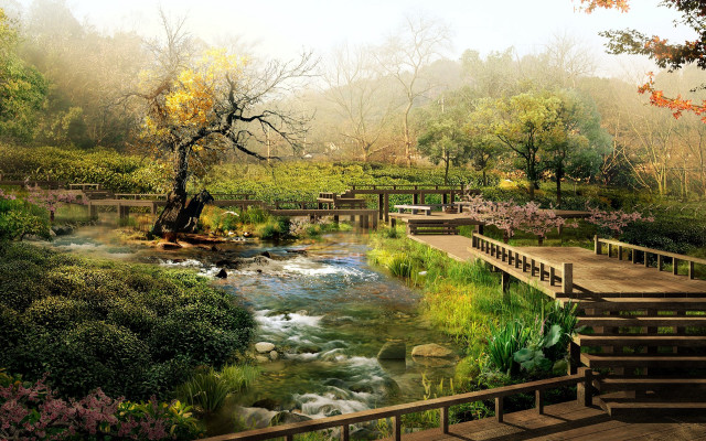 River bridge park trees flowers #4 free wallpaper - medium preview image
