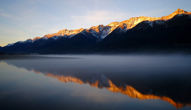 Mountain range lake clouds orange free wallpaper - medium preview image