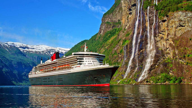 Cruise ship waterfall mountains man free wallpaper - medium preview image