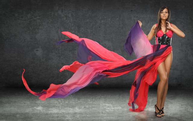 Woman red purple dress holding free wallpaper - medium preview image