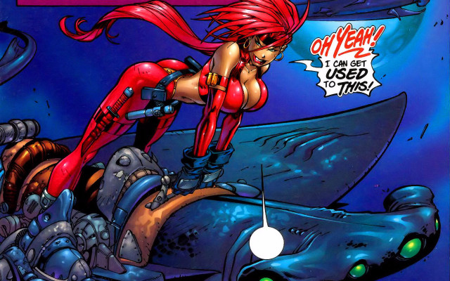 Comic boat woman red shark free wallpaper - medium preview image