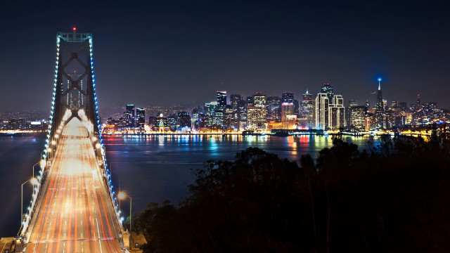 Night city bridge water lights free wallpaper - medium preview image