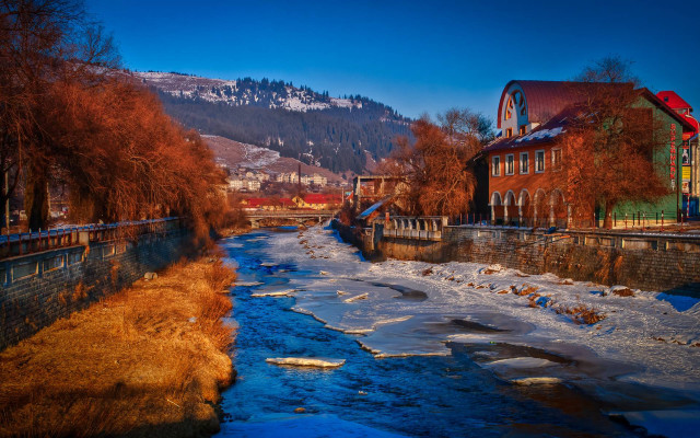 River forest hillside building clock free wallpaper - medium preview image