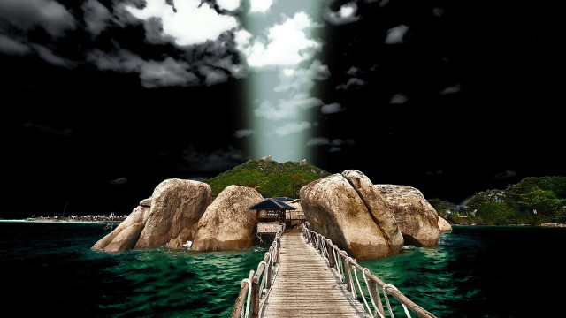 Pier hut rock ocean light free wallpaper - medium preview image
