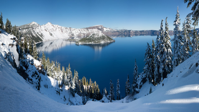 Lake snowy trees mountain blue free wallpaper - medium preview image