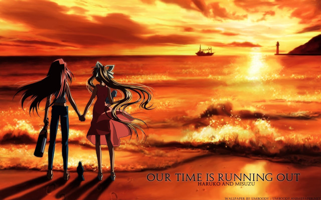 Anime characters beach sunset ship free wallpaper - medium preview image