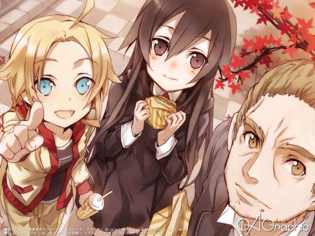 Anime characters coffee pointing together free wallpaper - medium preview image