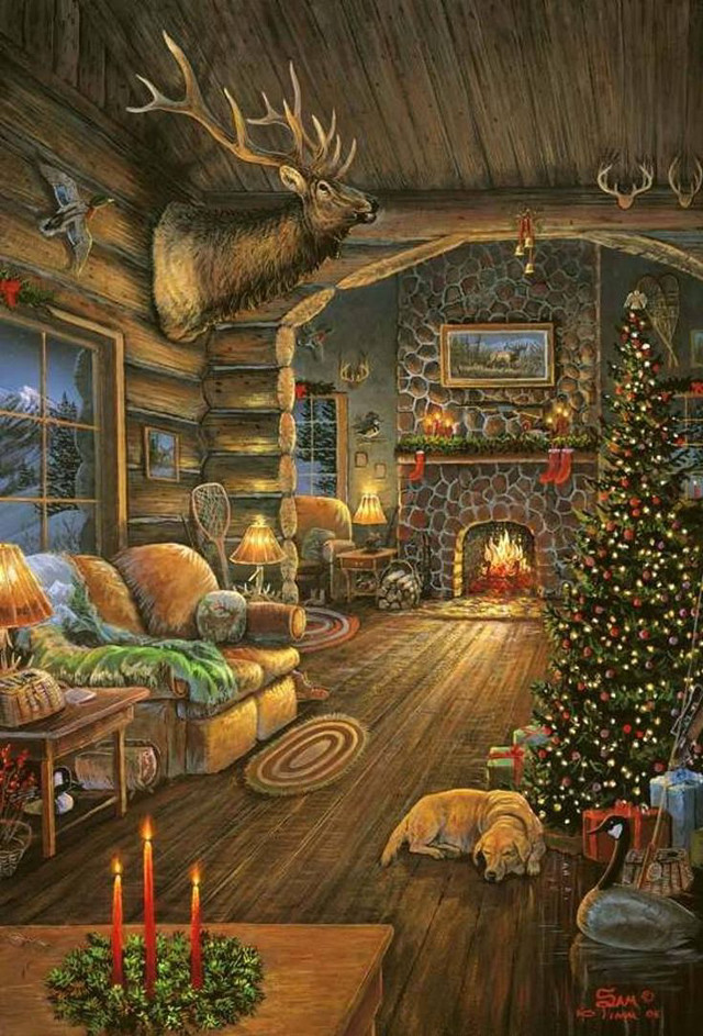 Christmas tree fireplace deer dog free wallpaper - medium preview image