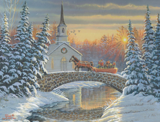 Church bridge carriage snow painting free wallpaper - medium preview image