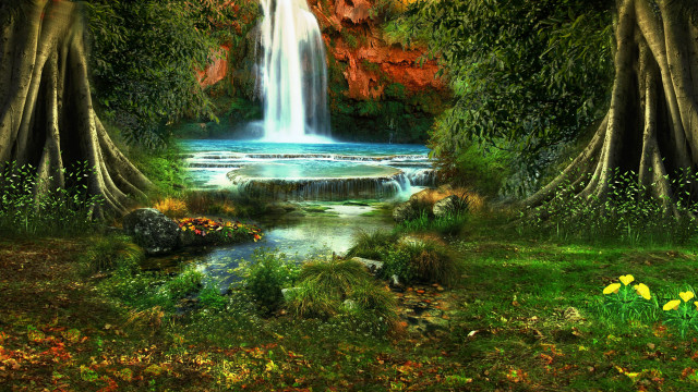 Waterfall forest flowers trees stream free wallpaper - medium preview image