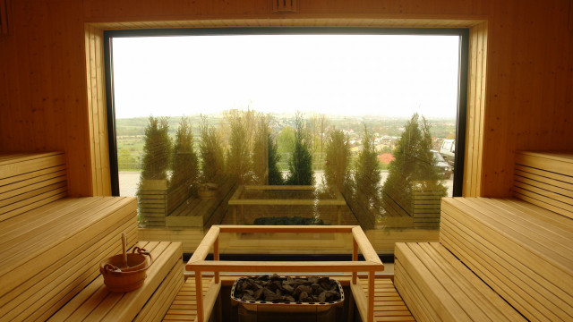 Wooden bench window view trees free wallpaper - medium preview image