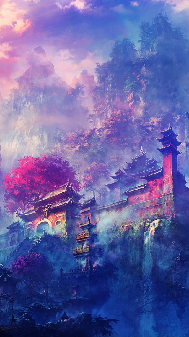 Castle forest mountain pink sky free wallpaper - medium preview image