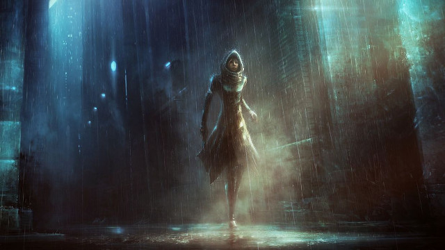 Woman raincoat dark alleyway rain free wallpaper - medium preview image