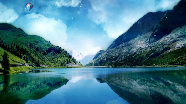 Lake mountains forest hotairballoon sky free wallpaper - medium preview image