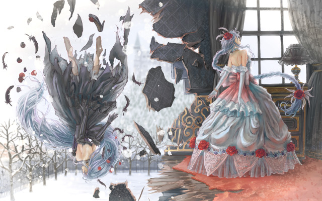 Woman dress feathers cat window free wallpaper - medium preview image