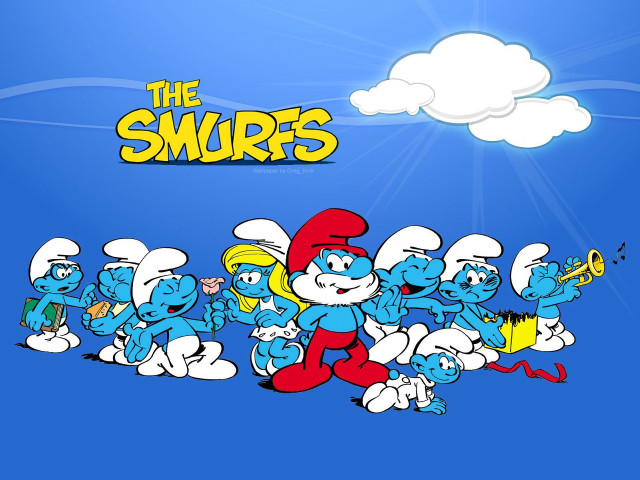 Smurfs lined up blue background free wallpaper - medium preview image