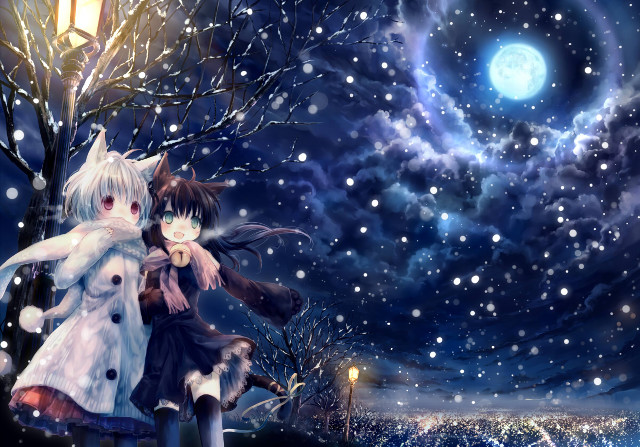 Snowy night anime characters hugging free wallpaper - medium preview image