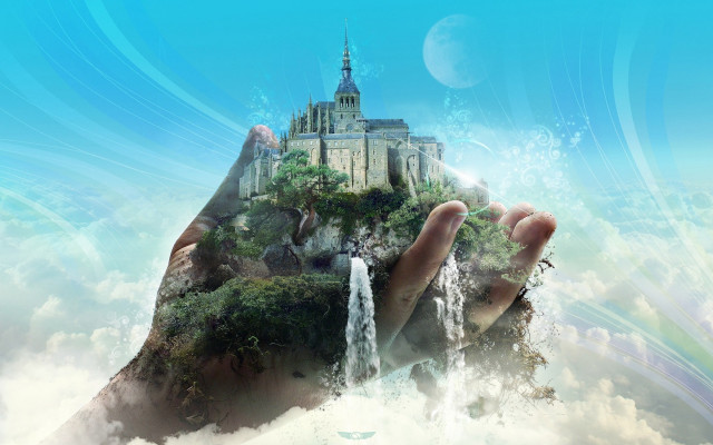 Hand holding waterfall castle sky free wallpaper - medium preview image