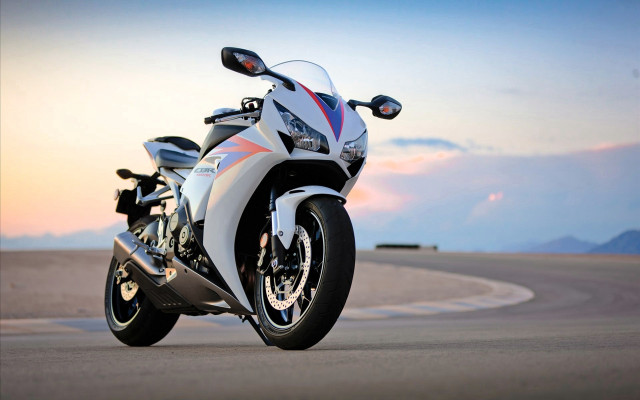 White motorcycle mountain sunset dawn free wallpaper - medium preview image